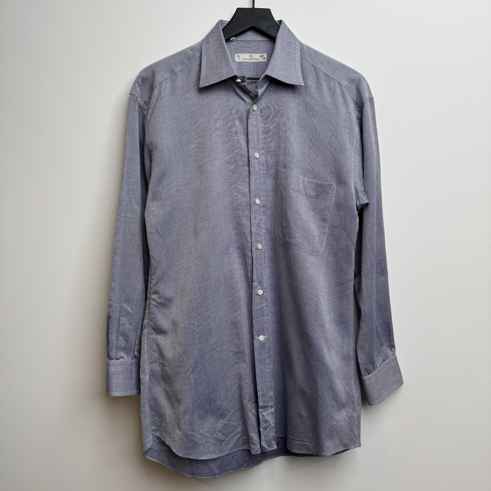 Ermenegildo Zegna Button Up Shirt 39 15 1/2 Blue Oxford Weave Long Sleeve Men's